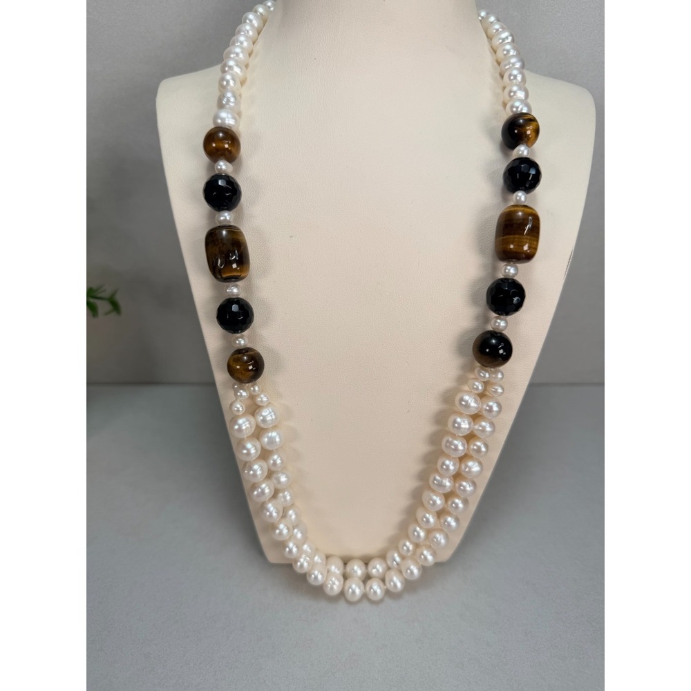 Vintage Freshwater Pearl Tiger Eye Black Onyx Multi Strand Statement Necklace